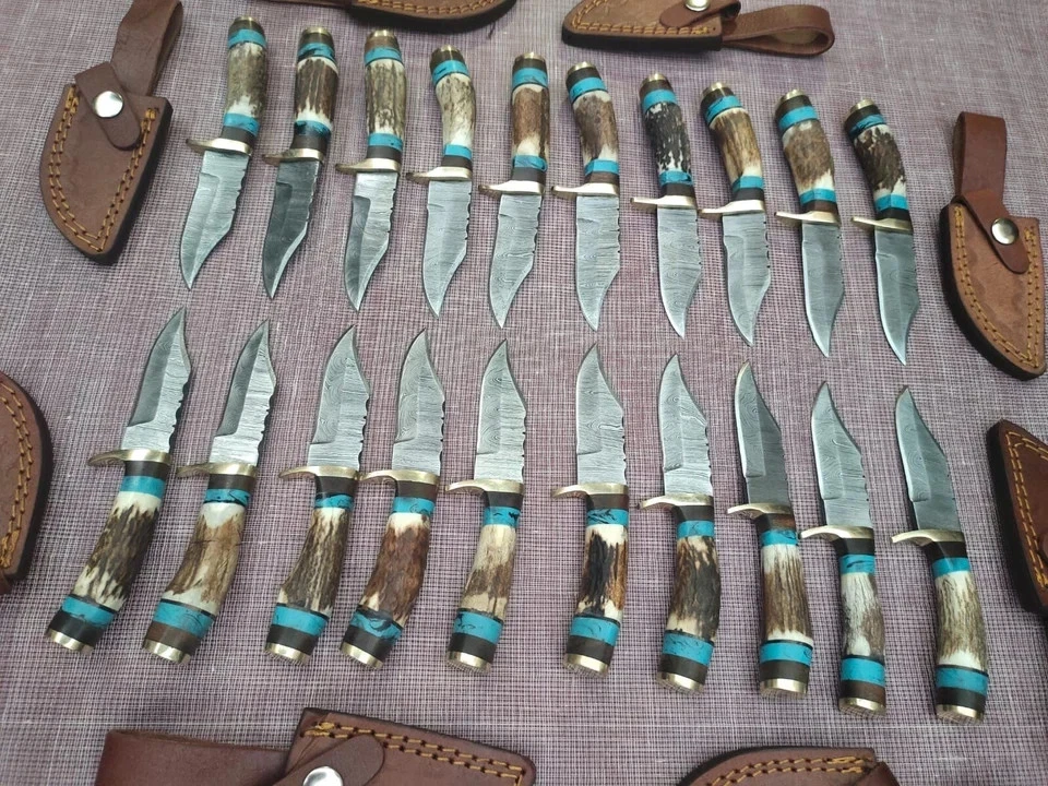 LOTS OF 10, 6" INCHES HANDMADE DAMASCUS STEEL SKINNER KNIVES STAG HORN W/SHEATH - Image 1 of 4