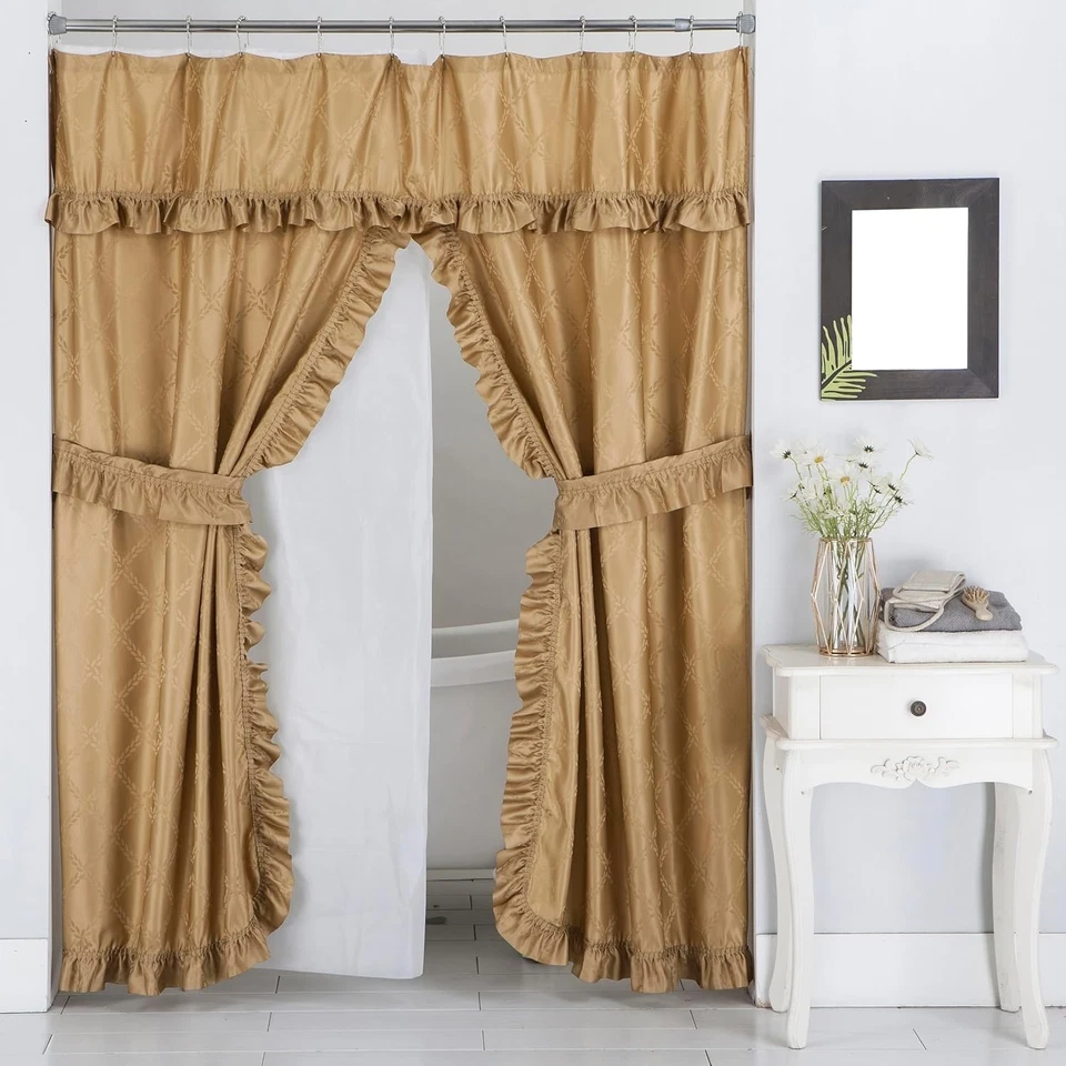 Double Swag Ruffled Fabric Shower Curtain Set, PEVA Liner and Roller Rings - Image 1 of 1