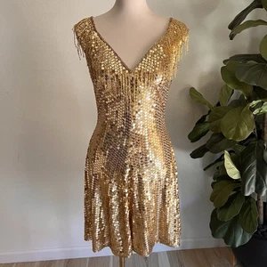 Vintage Nadine 80s Gold Sequin Fringe Prom Gatsby Party Dress Art Deco Cocktail - Picture 1 of 7
