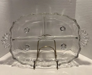 FOSTORIA DIVIDED 3-PART ETCHED GLASS RELISH DISH, BAROQUE SHAPE, NAVARRE PATTERN - Picture 1 of 7