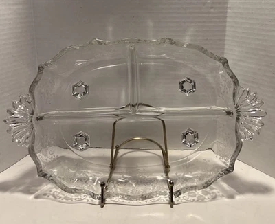 FOSTORIA DIVIDED 3-PART ETCHED GLASS RELISH DISH, BAROQUE SHAPE, NAVARRE PATTERN - Image 1 of 4
