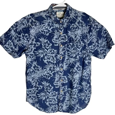 Camisa masculina TRUE GRIT azul estampa floral manga curta botão para cima tamanho M - Imagem 1 de 4