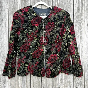Vintage Red Rose Black Crushed Velvet Blazer Size 14 XL Gothic Dark Cottagecore - Picture 1 of 8