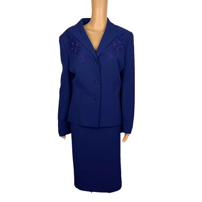 Traje Falda Nipon Boutique Poliéster Talla 18 Azul Cuentas Mujer 2 Piezas Forrado Foto 1 de 4