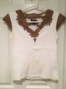 Cha Cha Vente Top Shirt, weiß mit brauner Spitze, Größe M - Bild 1 von 7