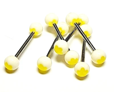 Juego de 2 anillos de pezón lengua barra acrílico/acero calibre 14 5/8" 5 mm flor amarillo Foto 1 de 3