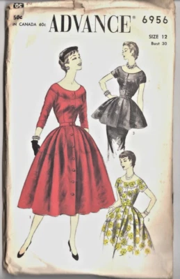1950's Vintage ADVANCE Pattern 6956 MISSES DRESS or TUNIC DRESS Size 12 Bust 30 - Image 1 of 2