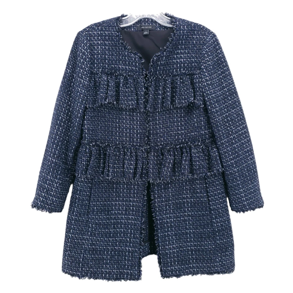 Abrigo Chaqueta ANN TAYLOR Tweed Volantes Azul Marino Metálico Plateado Carrera Talla PEQUEÑA Foto 1 de 4