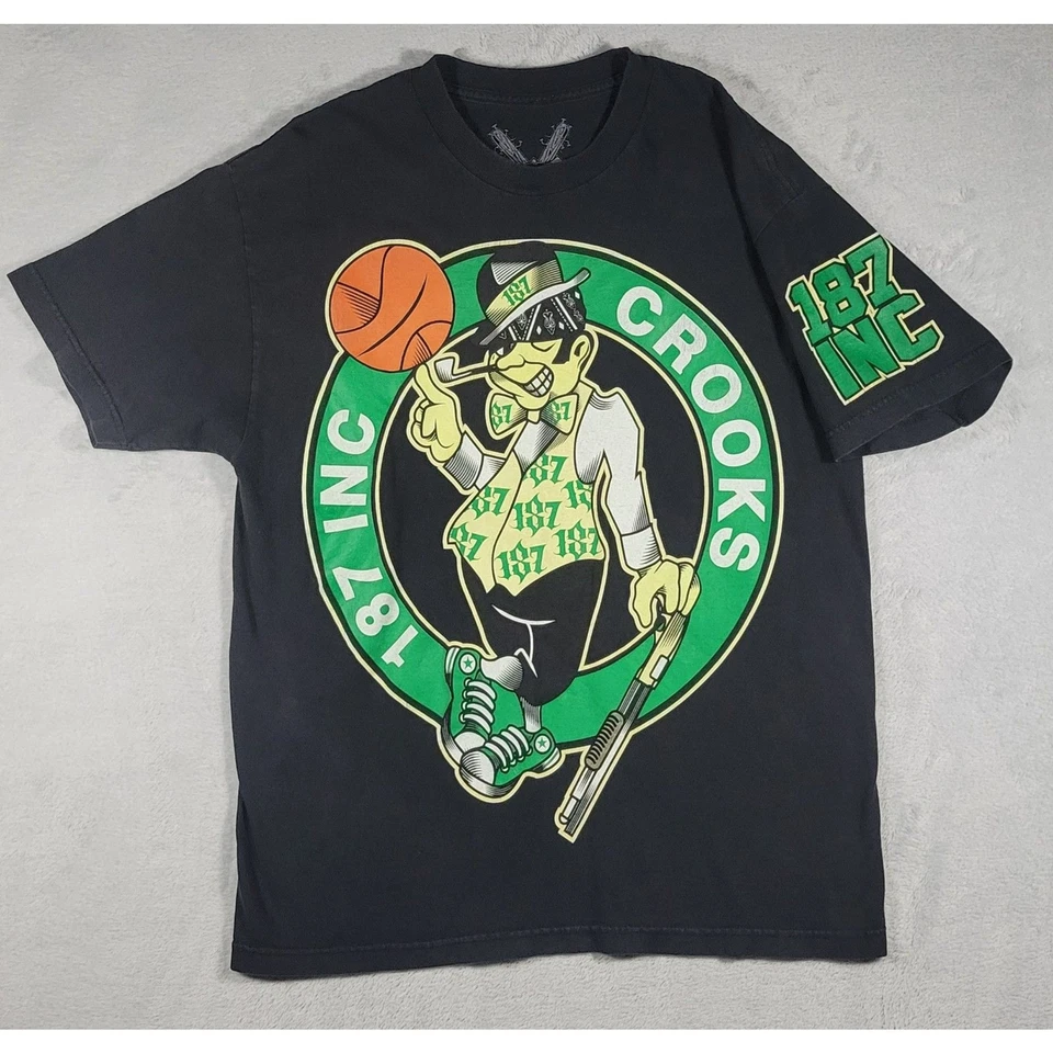 187 INC Boston Celtics Crooks Basketball Swag Hustlers Mens L Black T-Shirt - Image 1 of 4
