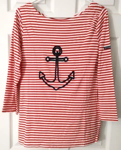 NWT Gretchen Scott Nautical Red/White Striped Embroidered Anchor 3/4 sleeve - Picture 1 of 9