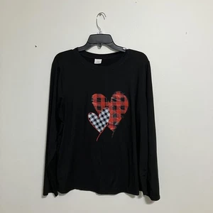 Women's Chic Long Sleeve Black Top with Heart Print Size XL - Picture 1 of 3