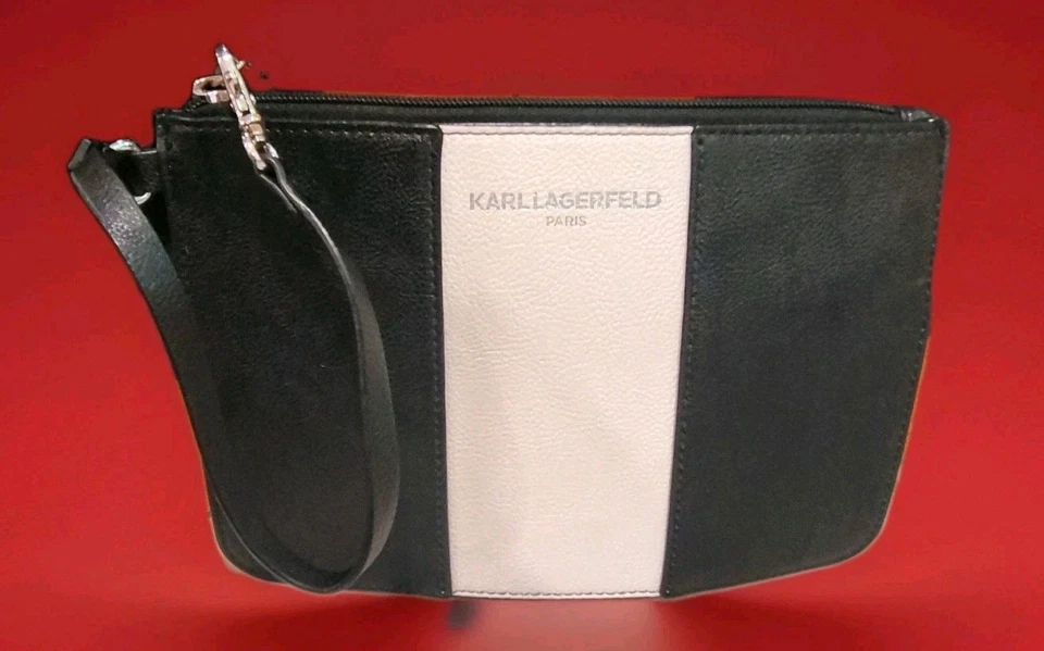 KARL LAGERFELD Paris Esmoquin Negro Blanco Plata Muñequera Bolso sin asas Cremallera B55 Foto 1 de 4