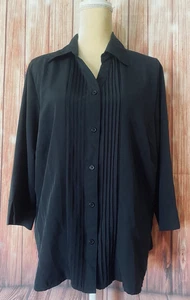 Women’s XL Blouse Notations Black Silky Button Down 3/4 Sleeves Collared V Neck - Picture 1 of 10