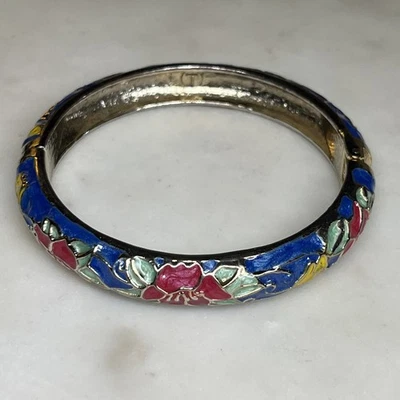 Brazalete Cloisonne Esmalte Primavera Bisagras Azul Rojo Amarillo Floral Tono Dorado Foto 1 de 4