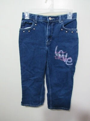 Jordache Jean Capris Size 14 Girls Blue  THE TIME IS NOW LOVE Studs Glitter  - Image 1 of 4