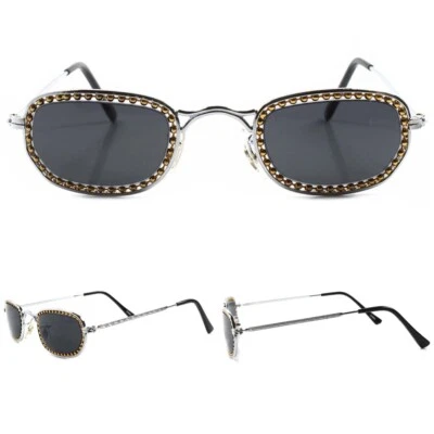 Óculos de sol Steampunk Deadstock genuíno vintage prata retangular oval exclusivo - Imagem 1 de 4