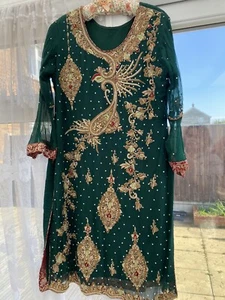 Asian Pak Wedding Party Embroidery kameez trouser suit Pure Chiffon N Jamawar. - Picture 1 of 6