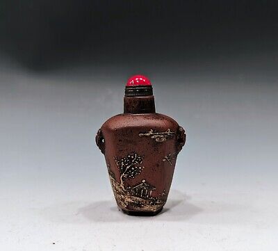Antique Chinese Yixing Zisha Clay Slip Painted Hexagonal Snuff Bottle • 125£