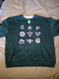 Adult XL Sweatshirt Green with white collar flower star angel heart bee 275655 - Picture 1 of 2