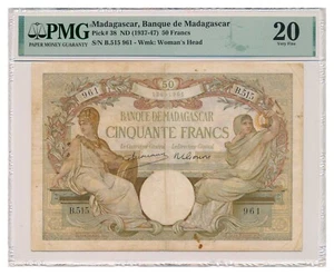MADAGASCAR banknote 50 Francs 1937 PMG VF 20 Very Fine - Picture 1 of 7