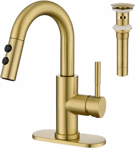 Bathroom Sink Faucet with Pull down Sprayer, Brushed Gold Single Handle Pull Out - Picture 1 of 12