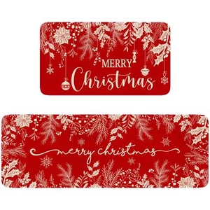 Merry Christmas Kitchen Rugs Set of 2Holly Pine Branches Leaves Mat for Floor... - Picture 1 of 7
