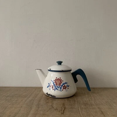 Vintage Kockum Swedish Enamel Floral Tea Pot Kettle Kitchenalia Decor Planter - Image 1 of 4