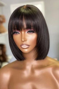 10 Inch Short Bob Wigs with Bangs for Women Human Hair Brazilian Virgin Hair  - Picture 1 of 12