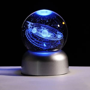 2.36" K9 Crystal 3D Solar System Ball with LED Lamp Base, Engraving Shooting Sta - Picture 1 of 12