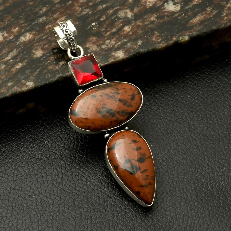 Colgante étnico hecho a mano de piedras preciosas granate obsidiana caoba joyería 2,8" AP-45325 Foto 1 de 1