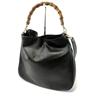 Gucci Bamboo Handbag Shoulder bag 2way Large Black Leather Authentic #442 - Picture 1 of 21
