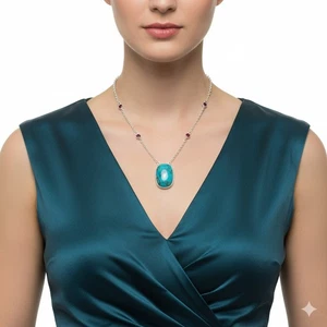 Royston Ribbon Turquoise & Garnet 925 Sterling Silver Necklace Jewelry N-1012 - Picture 1 of 6