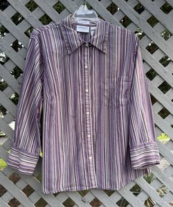 Villager Woman Sz 18W Tan Plum Brown Stripe Button Front Long Sleeve - Picture 1 of 4