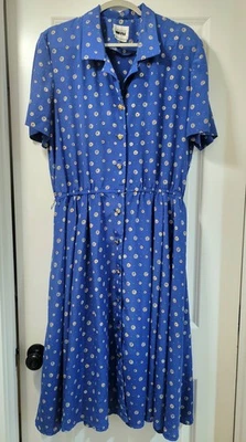 POLKA DOT PRINT Leslie Fay Short Sleeve Collared Gold Button Midi Dress Blue 16 - Image 1 of 4