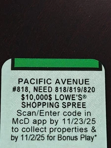 2025 Monopoly McDonald Pacific Avenue UNEINGELÖST #818 - Bild 1 von 1