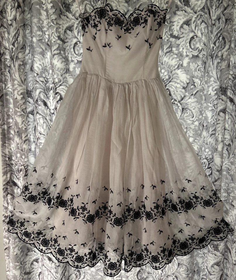 Women’s Vintage Prom Dress 1950 Floral Cupcake Fairytale Embroidered - Image 1 of 4