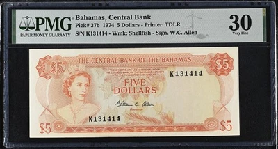 Bahamas 5 Dollars 1974 P37b PMG Very Fine 30 - Image 1 of 2