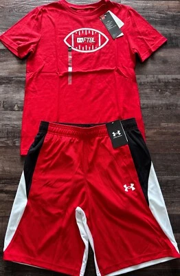 NWT Under Armour Boys YLG Red/White/Black 2pc FOOTBALL Shorts Set Large - Image 1 of 4