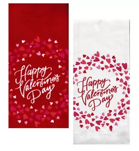 Happy Valentine Kitchen Towels, 2 Pack, Red Pink Purple Hearts White - Picture 1 of 7