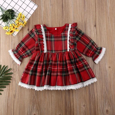 NEW Christmas Red Plaid Girls Long Sleeve Ruffle Dress 2T 3T 4T 5T - Image 1 of 3