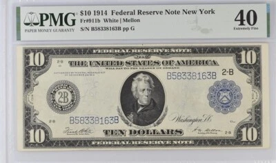 Rare 1914 $10 New York Federal Reserve Note Fr 911b PMG 40 Extremely Fine - Image 1 of 2