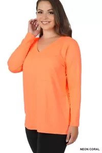 ZENANA PLUS PREMIUM BUTTERY LONG SLEEVE V NECK TOP NEON CORAL FRONT POCKET 1X-3X - Picture 1 of 2