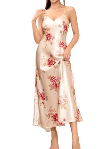 SUMPTUOUS PINK LIQUID SATIN GORGEOUS FLORAL PRINT SIDE SLIT LONG NIGHTGOWN L NWT - Picture 1 of 3