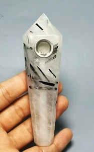Natural Black Tourmaline  Quartz Crystal Wand Pipe - Picture 1 of 12