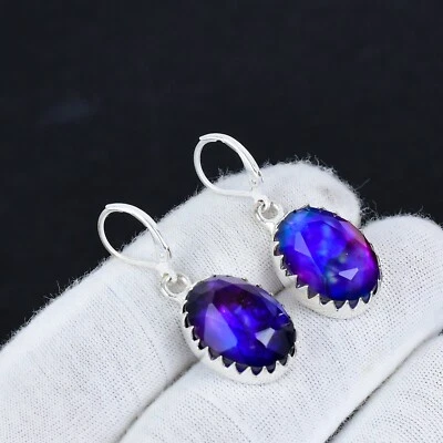 Zaffiro Blu Gemma Creato IN Laboratorio 925 Argento Sterling Orecchino da Donna - Immagine 1 di 4