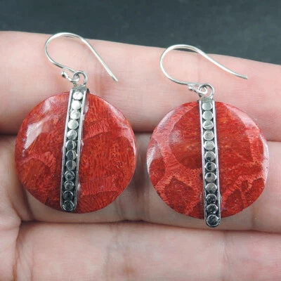 Orecchini rotondi in argento sterling 925 corallo rosso naturale gioielli fat... - Immagine 1 di 4