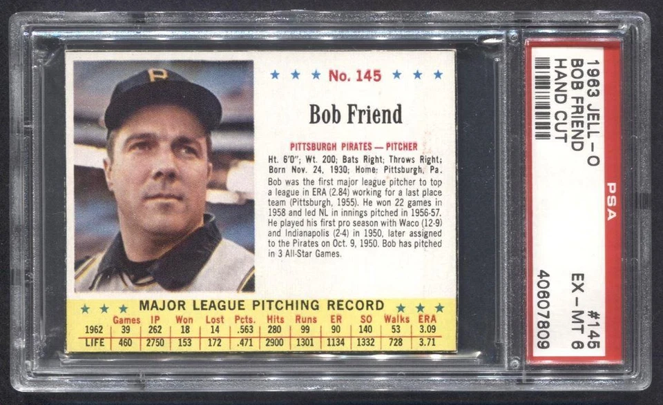 1963 Jello #145 Bob Friend (Pirates)  PSA 6  (One Higher) (Flat Rate Ship) - Image 1 of 2