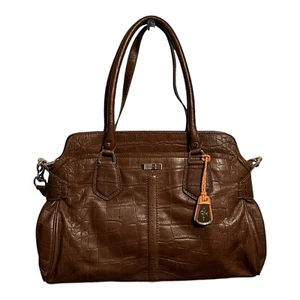 COLE HAAN Leather Crocodile Embossed Brown Satchel Crossbody Strap Handle 16x11” - Picture 1 of 14