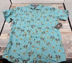 RF Brand Mens Skull Palm Tree Blue Short Sleeve Collar Shirt 100% Cotton Size L - Picture 1 of 4