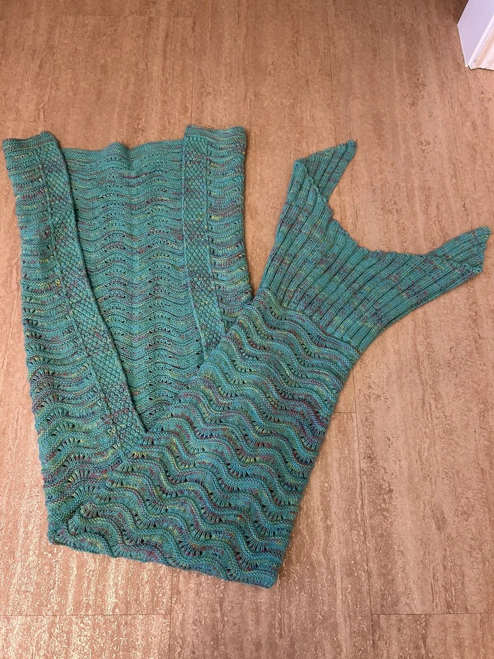Mermaid Tail under the sea knit  teal/pink variegated knit throw - Image 1 of 4